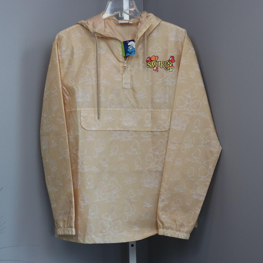 Smurfs Windbreaker Jacket Beige Mushroom Print Hoodie NWT Size M